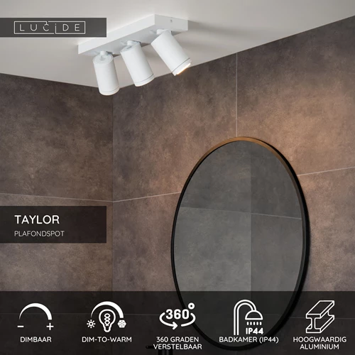 Lucide TAYLOR - Plafondspot Badkamer - LED Dim to warm - GU10 - 3x5W 2200K/3000K - IP44 - Wit - USP